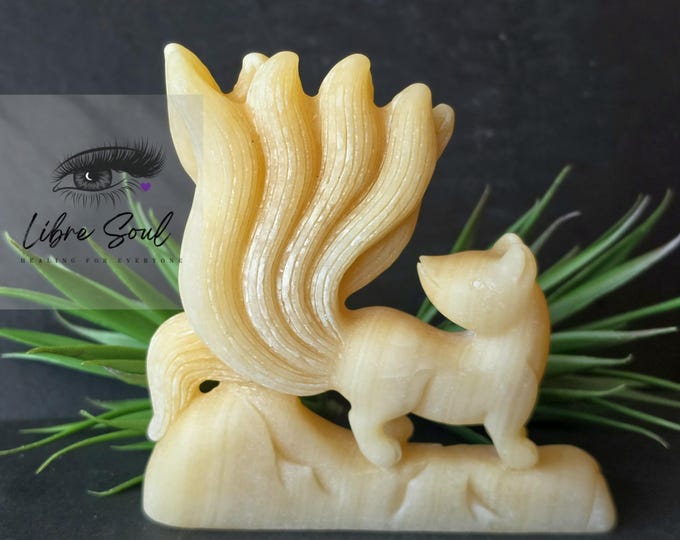 Yellow Calcite Fox with Nine Tails: 5" Natural Stone Figurine