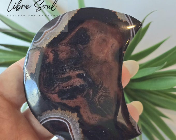 2.75" Black Sardonyx Banded Moon| Natural Black  Sardonyx Crystal Luna  Brown Banding| Stand Included