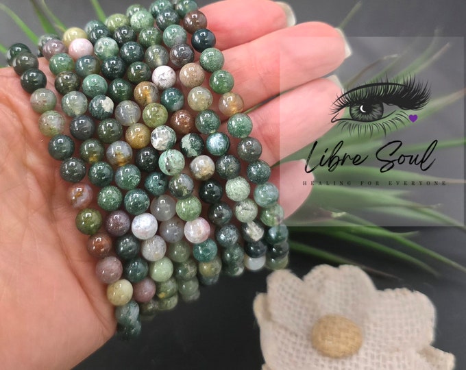 Natural Moss Agate 6mm Beaded Bracelet/ Helps w/ Tranquility and Emotional Balance