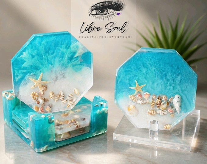 Sea Shell Coaster Set with Real Sea Shells| Octagon Beachy Coaster Set of 4