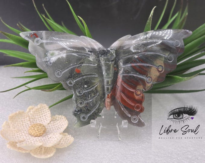 Natural African Blood Jasper 5.5" Butterfly Crystal Carving with Stand