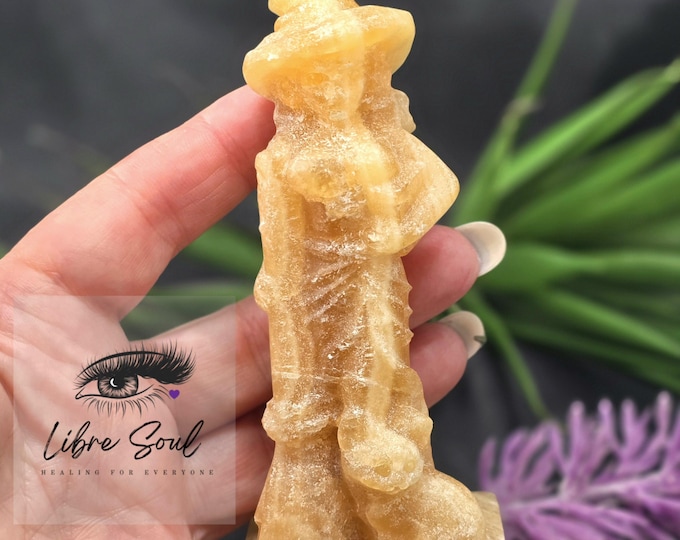 Natural Yellow Calcite  4" Witch   Crystal Carving| Yellow Calcite Witch