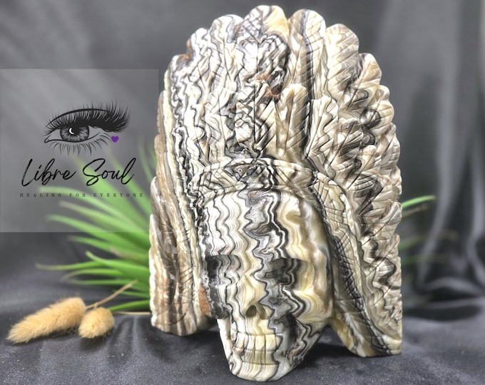 Natural Zebra Calcite Skull| Indian Skull Crystal Carving/ Yellow and Black Banded Calcite