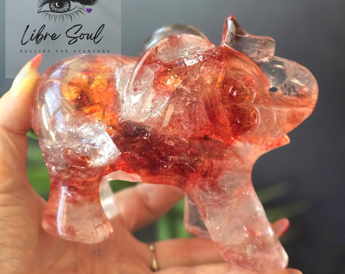 Natural  Fire Quartz 5" Crystal Elephant Carving with Rainbows| 724 grams/1.16 lbs / Madagascar Fire Quartz Hematoid Crystal Quartz|