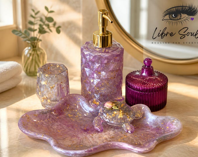 Vanity Resin Tray w/ Soap Dispenser, makeup brush holder & Trinket Box Set Designed Handmade | Decorative| Hand Made