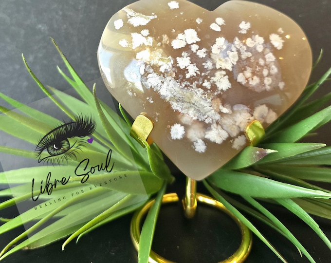 Natural 92 mm Flower Agate Crystal Heart /Druzy Flower Agate Heart w/ Stand .3.75"