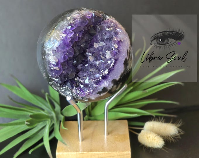 Natural Amethyst Geode Smiley Face Sphere w/ Stand| Brazilian Amethyst Geode Orbit