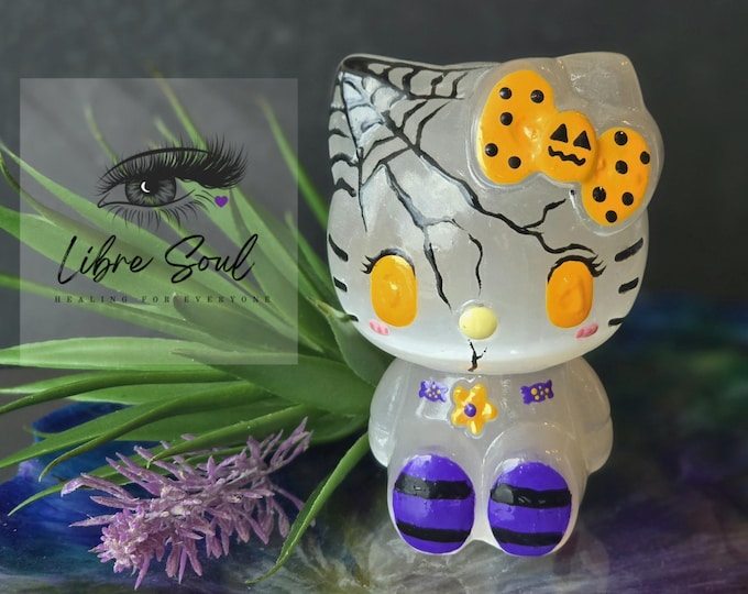 Hand Painted Selenite Hello Kitty Figurine - Halloween Pumpkin Design
