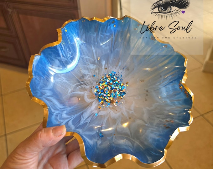 Blue and Gold Handmade Resin Decorative Bowl , 9" Wide