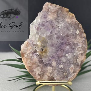 Natural  Pink Amethyst Flower Agate Crystal Slice w/Druzy and Stand Included| Rainbows