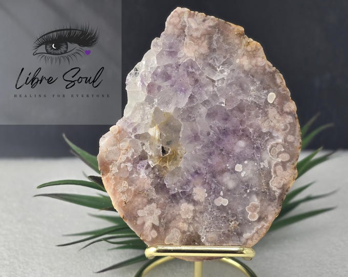 Natural  Pink Amethyst Flower Agate Crystal Slice w/Druzy and Stand Included| Rainbows