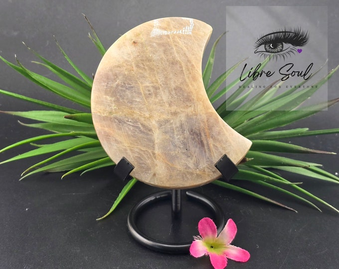 Natural Moonstone Crystal Moon w/ stand~  and Flashy