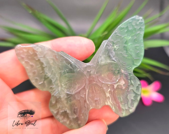 Natural Fluorite Butterfly Skull Carving Crystal ~Stand Included| Pastel Fluorite Butterfly Mask Skull| Green Fluorite
