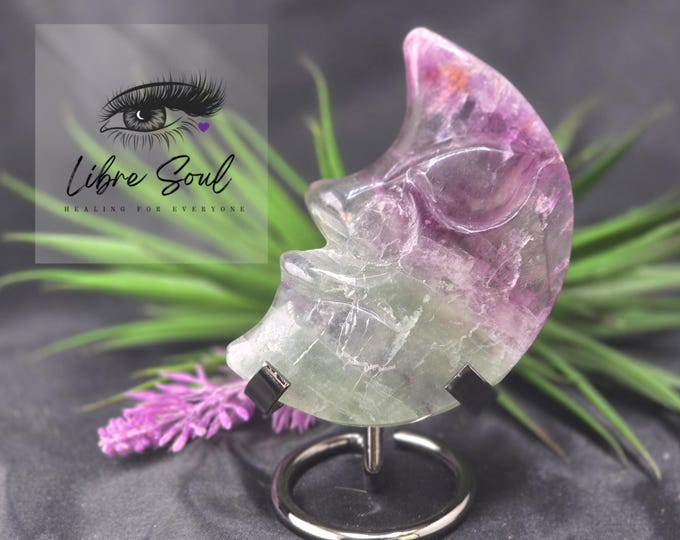 Natural Rainbow Fluorite Moon face Crystal Carving w/ stand/ Fluorite  Crescent Moon| Rainbow Fluorite Crystal Quartz