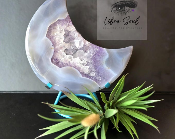 Natural Amethyst Agate Druzy Moon| Amethyst Geode Agate Crystal Moon| With Stand|