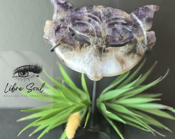 Natural Dreamy Amethyst Fox Mask with Stand~ Crystal Carved 5" Mask~ SELF LOVE <3