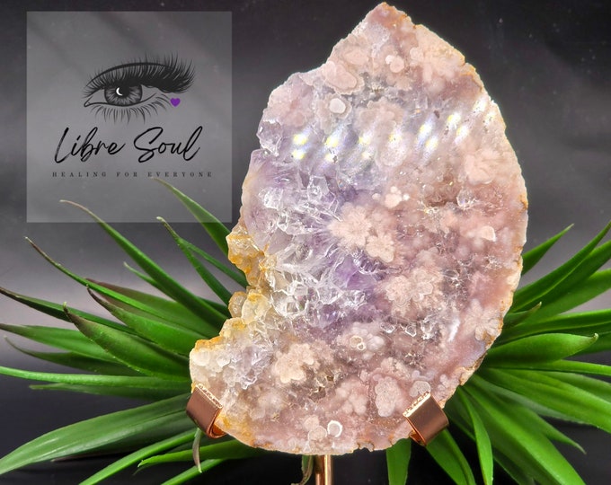 Natural  Pink Amethyst Flower Agate Crystal Slice w/Druzy and Stand Included