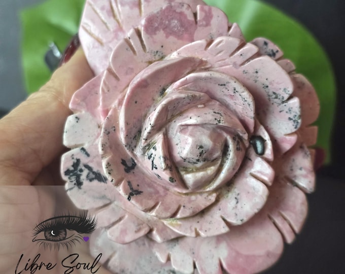 Peruvian Rhodochrosite Flower Carving with Stand: Heart Chakra Crystal
