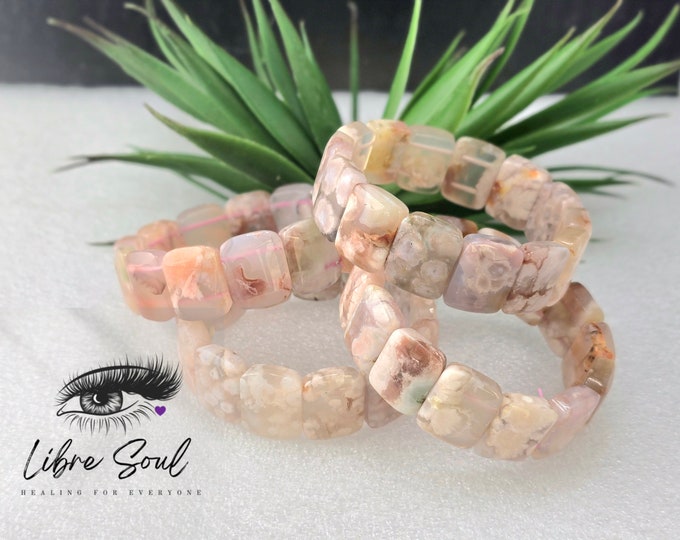 Natural Flower Agate Bracelets, , Blossom Agate Beaded Bracelet, Sakura Flower Agate, 15mm x 20mm