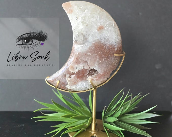 Red Amethyst Flower Agate Druzy Moon with Stand
