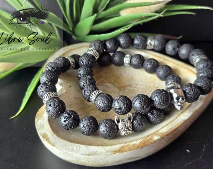 Natural Men's 9" Black Lava 10mm Beaded Bracelet | Frenchie Beaded Bracelet or Black Lava Skull Beaded Bracelet| Gift Idea2