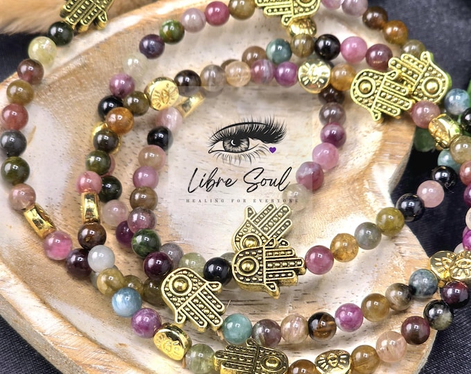 Natural Rainbow Tourmaline Hamsa/ Evil Eye Beaded Bracelet~ 4.5mm Rainbow Tourmaline~ Stunning~ Pochette Included~ Gift Idea!