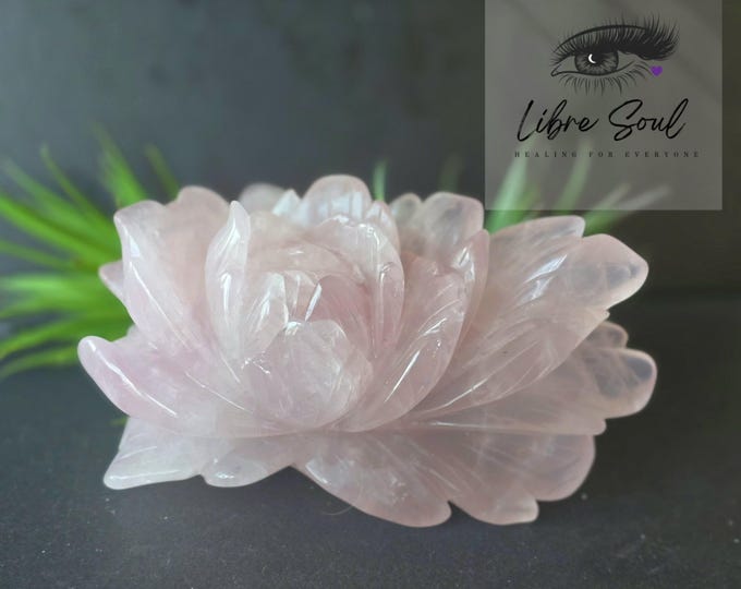 Hand Carved Rose Quartz Rose Sculpture | Large Natural Crystal Decor