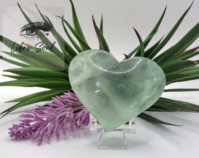Green  Fluorite Crystal Heart~ 63mm with stand
