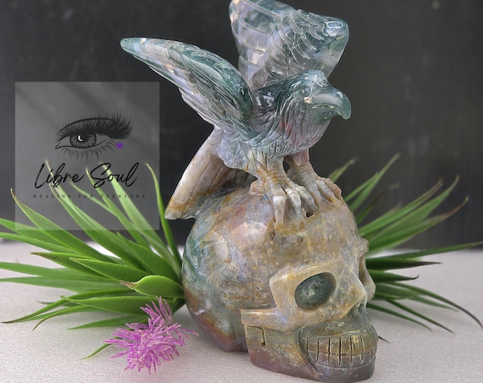 Natural Ocean Jasper Skull with an Eagle on it's head| Ocean Jasper Hand Carved Skull & Eagle