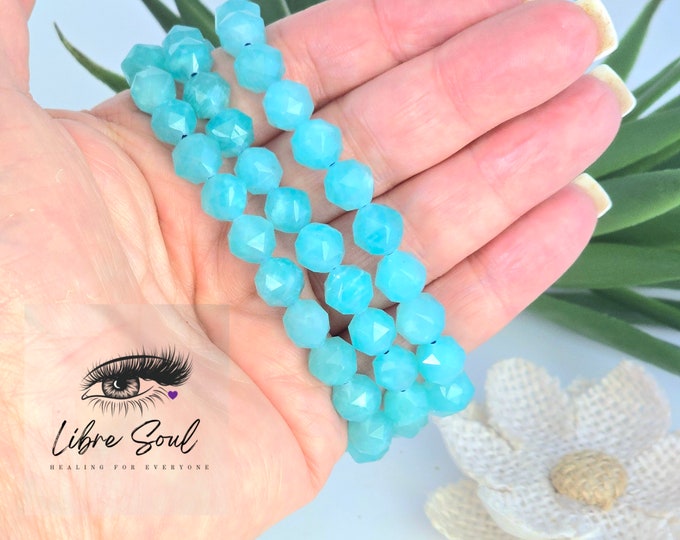 Natural 8mm Faceted Amazonite Crystal  Beaded Bracelet~