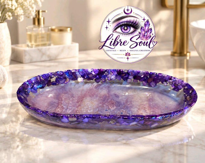 Purple Magic of  the Seas  11.5" Handmade Resin Decorative Oval Long Bowl w/ mother of pearl shells