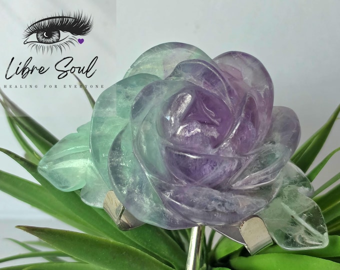Natural Rainbow Fluorite Flower Carving with Stand (4.5")