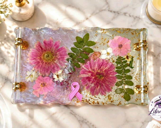 Handmade Dried Flower  Resin Tray with Gold Flecks |Breast Cancer Awareness|  Vanity Gift