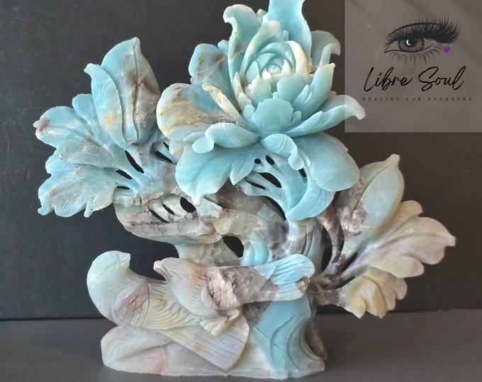 Hand Carved Caribbean Calcite Floral Bird Carving: One-of-a-Kind Crystal Figurine