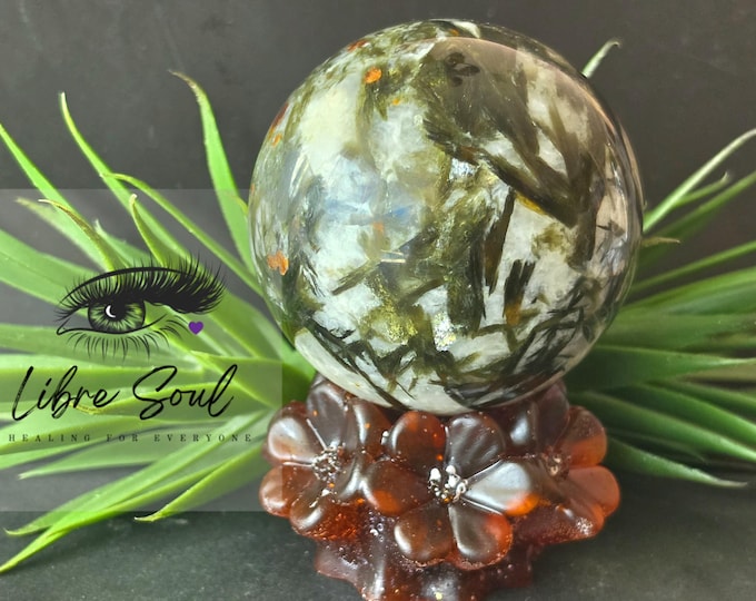 Natural Green Mica & Garnet Crystal Sphere 72mm/550gm Stand Included!