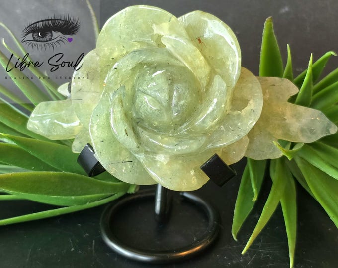 Prehnite  Crystal Rose: 5" Carving with Stand/ Druzy