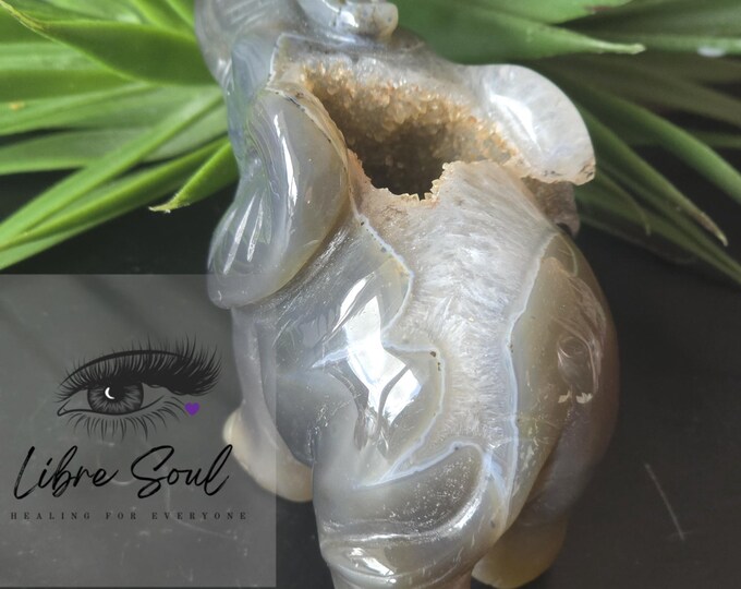 Natural Agate Elephant 4.5" Crystal Carving with Druzy~ Banded Agate Druzy Elephant| Gift Idea| New Home| New Job| Free Gift Service