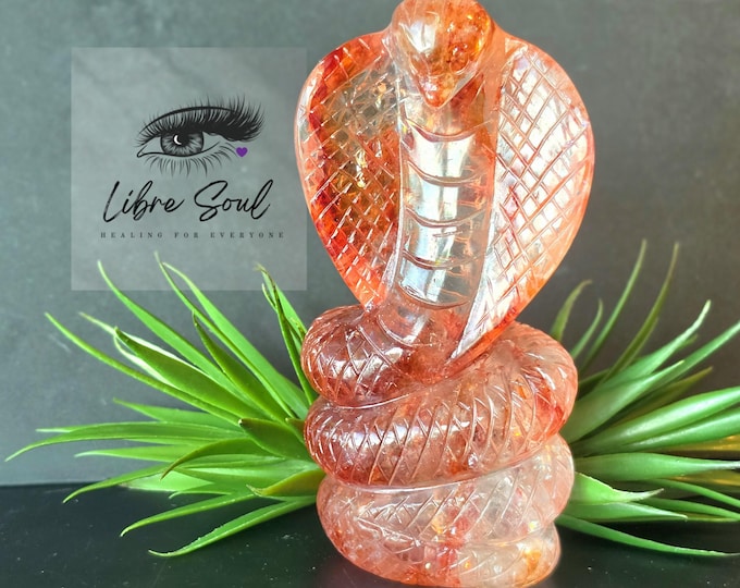 Fire Quartz Crystal Cobra Carving: Madagascar Hematoid Quartz, Rainbow Inclusions