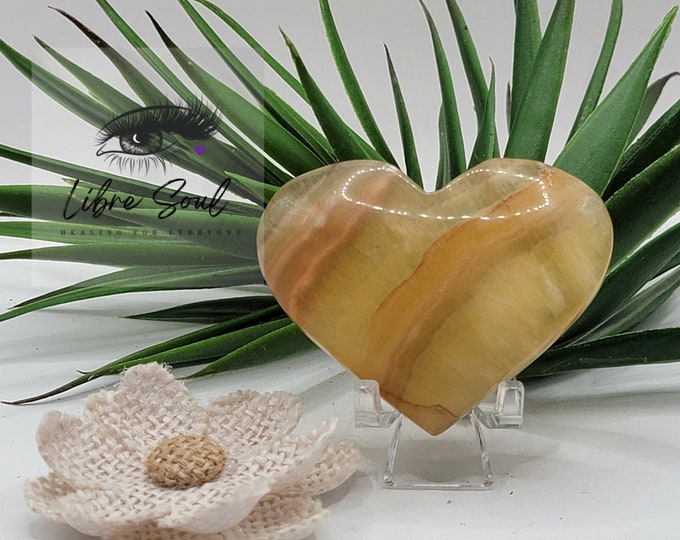 Natural Yellow Fluorite Crystal Heart~ 65mm with stand