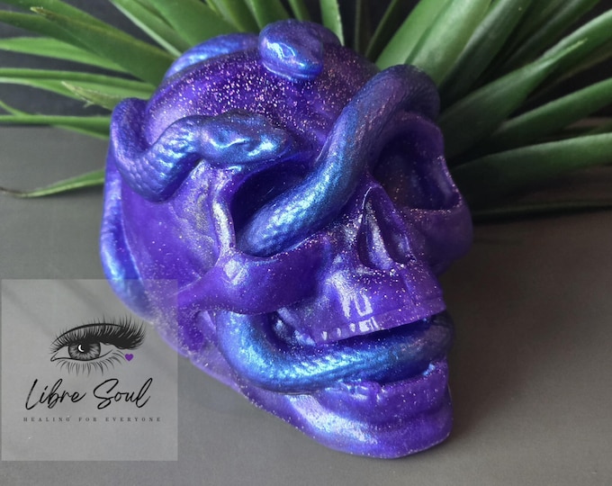 Resin Snake Eating Skull: Purple & Blue Mica, Halloween Decor