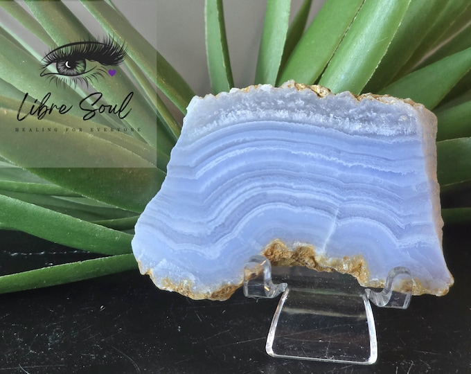 Natural Blue Lace Agate Crystal Slab Specimen with Stand| Some Druzy