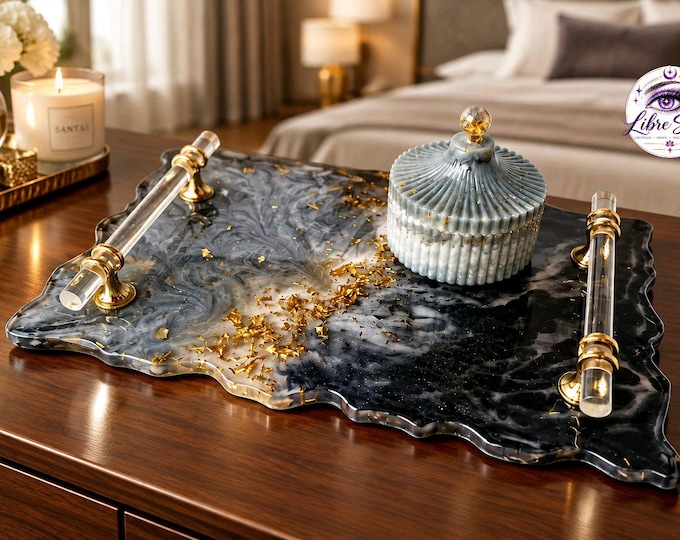Handmade Navy White Resin Tray with Gold Flecks | Lucite Style Handles, Vanity Gift
