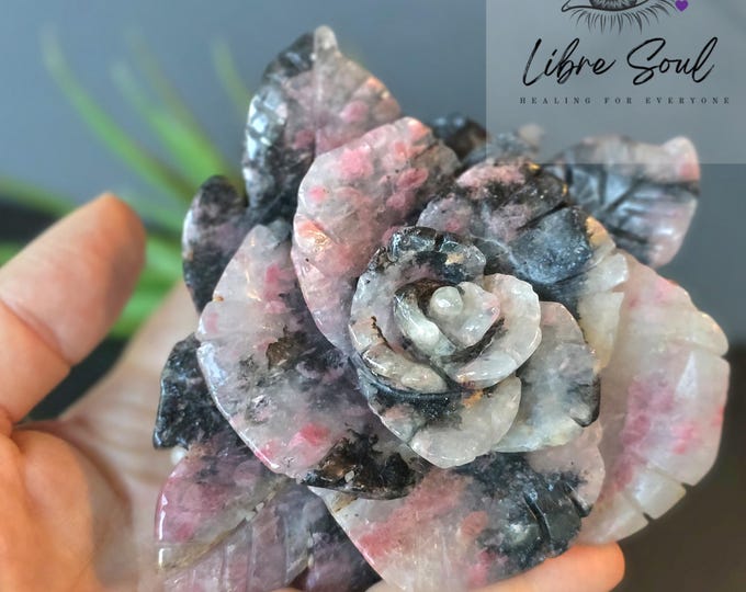Cherry Blossom Rhodonite Crystal Rose: 4.5" Carving with Stand
