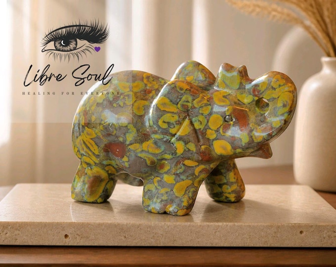 Bamboo Jasper  Elephant Crystal Carving: Hand Carved Stone Figurine