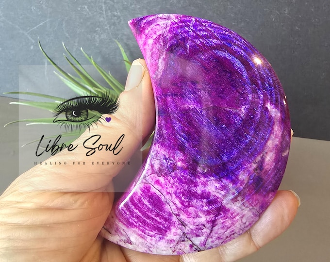 Dyed Purple Moonstone Crescent: Blue Flash Crystal with Stand (3.35")