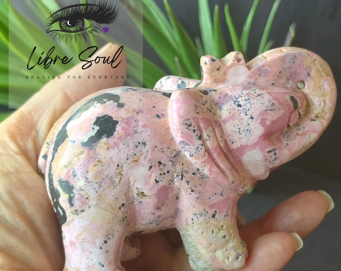 Peruvian Rhodochrosite Elephant Carving with Stand: Heart Chakra Crystal