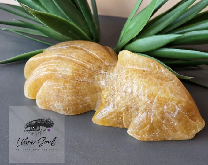 Natural Yellow Calcite  5" Goldfish Crystal Carving| Yellow Calcite Goldfish Crystal Carving|