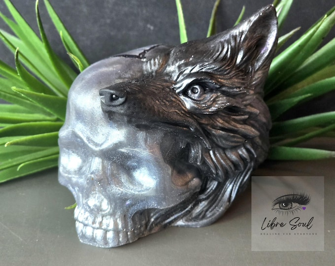 Wolf Head on Skull Resin: Silver & Black Halloween Decor