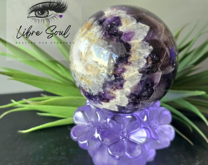Natural 70mm  Dreamy Amethyst Crystal Sphere ~2.75" Chevron Amethyst Orbit w/ stand | Unique Flower Amethyst Orbit Sphere Beautiful!