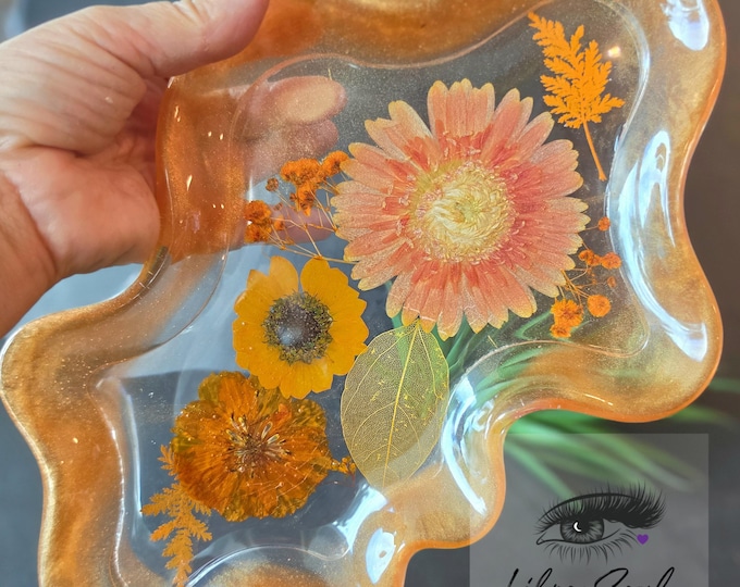Handmade  Dried Flowers Resin Tray | Copper, Burnt Orange Stunning!